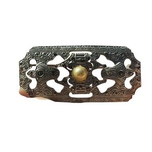 Vintage Ornate Filigree Brooch with Faux Pearl Accent Silver Tone Art Deco Style